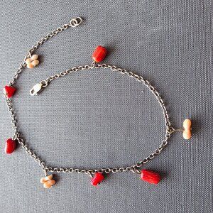 Vintage STERLING SILVER 925 Anklet with Red and Pink Natural Gemstone Charms